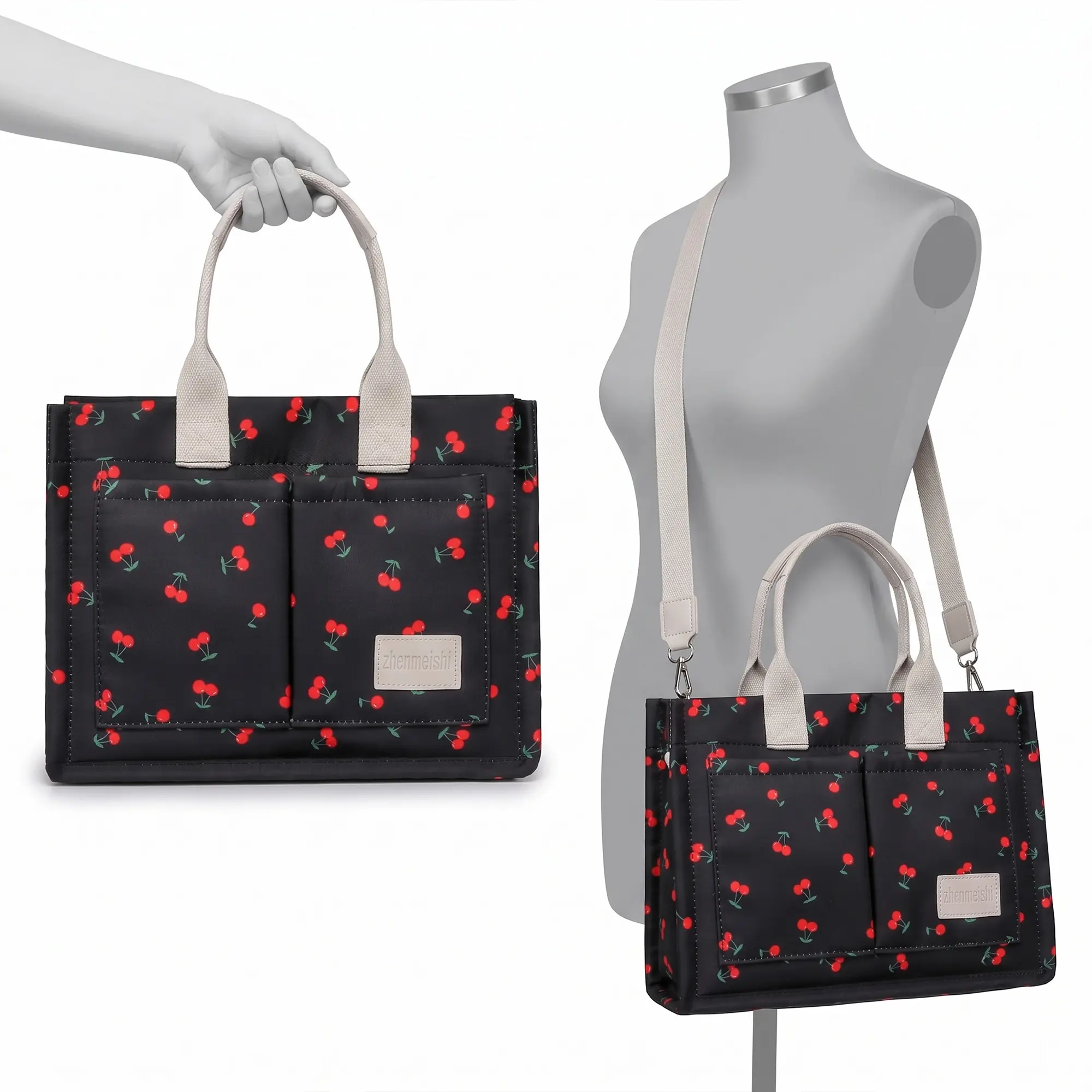 Preppy Sweet Cherry Pattern Tote Bag for Casual Wear, Polyester Body with Front Pockets, Adjustable Strap & Magnetic Close