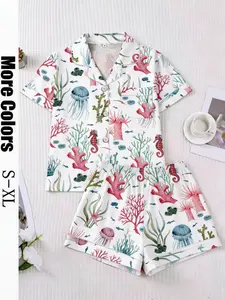 Women's 2-Piece Sea World Printed Pajama Set, Loungewear, Short Sleeve Button Front Shirt, Pocketed Elastic Waist Shorts, Spring Summer Casual Wear
