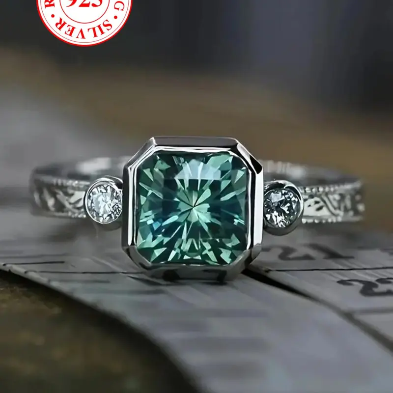 S925 Sterling Silver Fashion Square Shaped Artificial Zircon Ring, Statement Ring, Unisex, Trendy All-match & Exquisite Jewelry for Birthday Gift, Elegant Engagement Ring, Art Deco Engagement Green Ring, Trendy Fine Jewelry, Beautiful Rings
