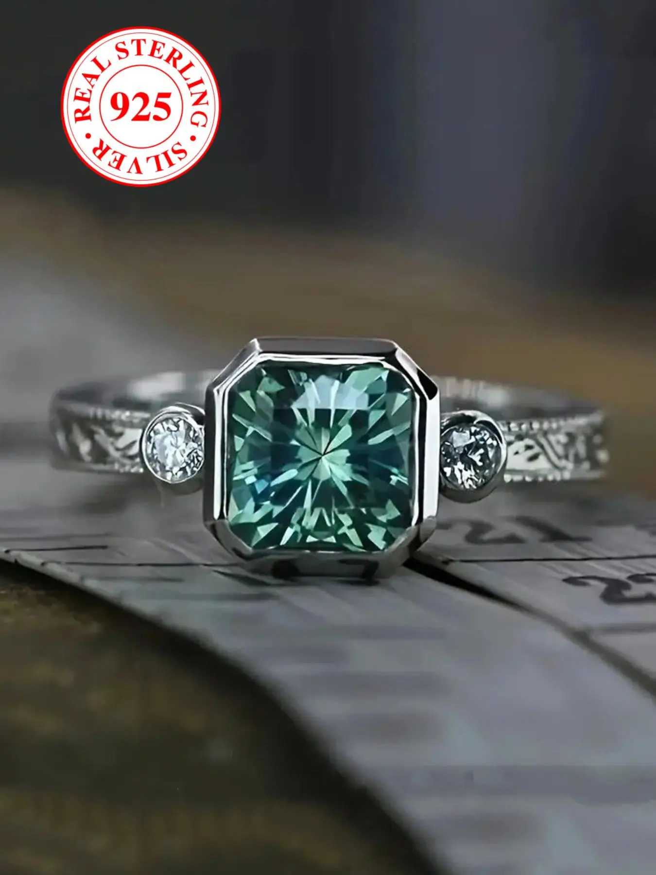 S925 Sterling Silver Fashion Square Shaped Artificial Zircon Ring, Unisex Engagement Ring, Trendy All-match & Exquisite Jewelry for Birthday Gift, Art