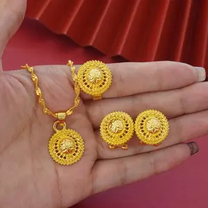 24k Gold Women'S Jewelry Set From The Middle East, Featuring Ethiopian Necklaces, Pendants, Earrings, Rings, And Traditional