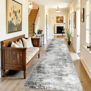 Modern Grey Runner Rug for Hallway Non Slip - Soft Faux Suede Kitchen Runner Mat - Abstract Distressed Vintage Style Long Carpet for Entryway, Laundry, Bedroom (2x6, 2x8, 2x10 Ft)