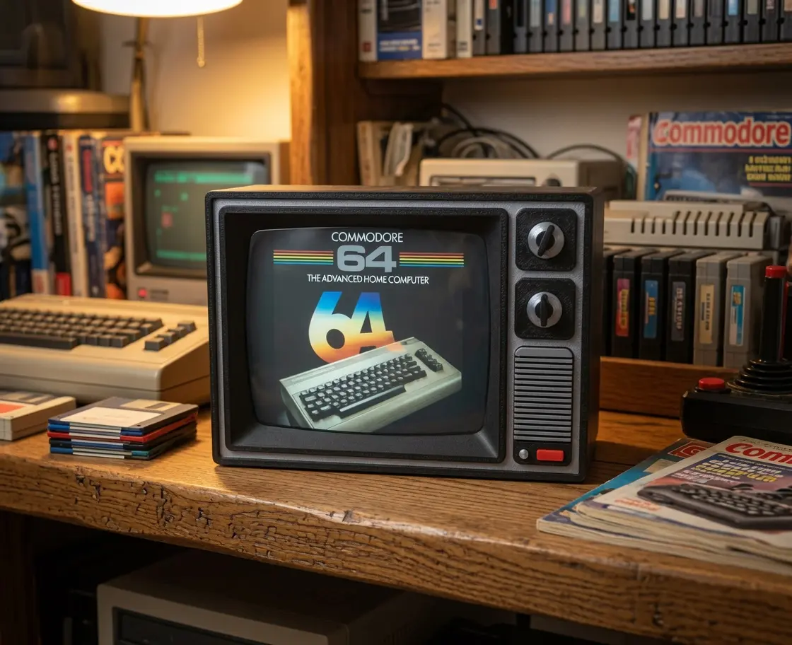 Commodore 64 Computer Ad Retro TV Display Desk Sign, 6.5x4.5" Compact Shelf Art Collectible, Home Decor Plaque for Home Supplies, Collectibles