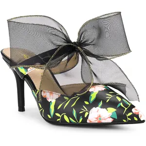 BLISSFUL STEP Women's Pointed Toe Lace Bow Floral Printed Stiletto Heels Mules Black