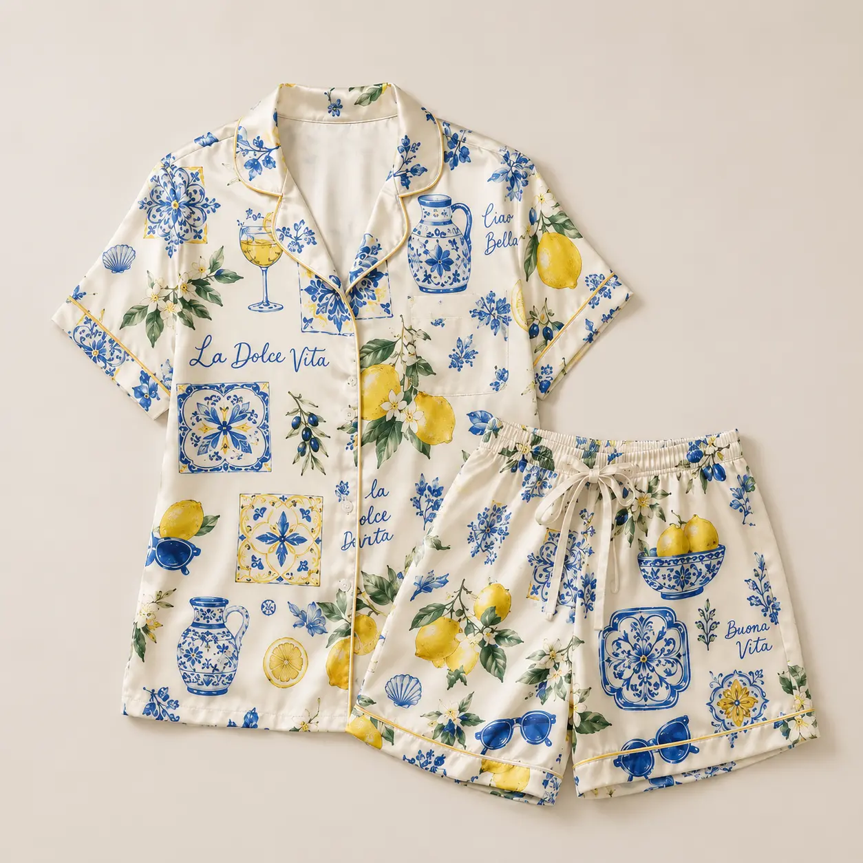 Italian Lemon Satin Pajama Set for Women, Short Sleeve & Long Sleeve Sleepwear