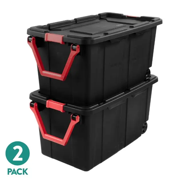 Sterilite Extra-Large Wheeled Industrial Storage Bin, 40 Gallon Durable Plastic Storage Tote with Latching Lid and Pull Handle, Black, 2 Pack
