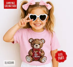 Faux Rhinestone Teddy Comfort Colors Youth Tshirt, Trendy Kids Valentine's Day Shirt