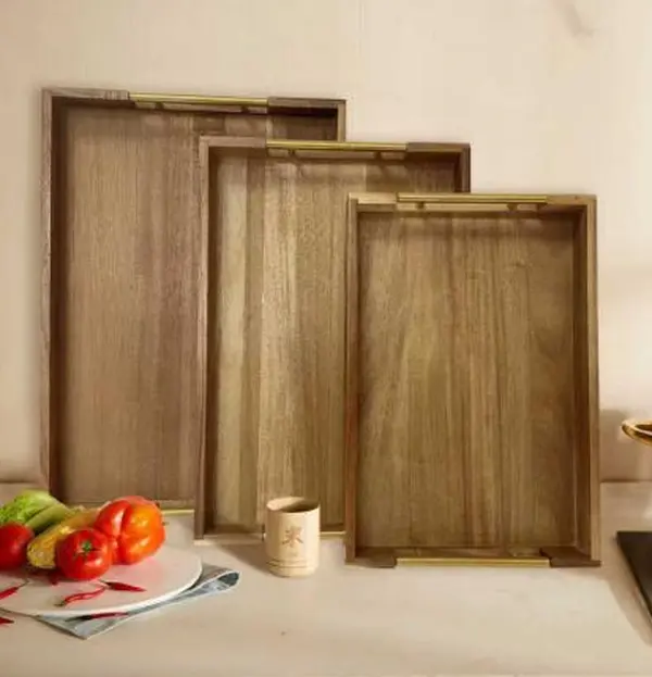 Acacia Wood Tray with Gold Metal Handle, Kitchenware Plates Wooden Serving Organiser Rustic Stylish