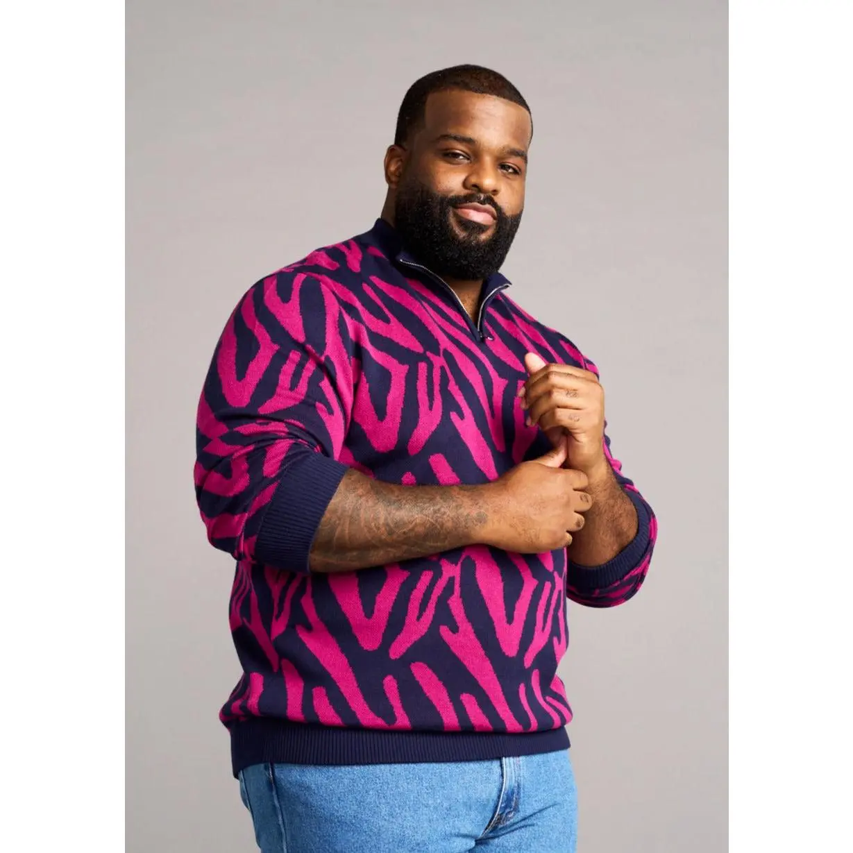 Hamadi Men's African Print Quarter Zip Sweater (Berry Zebra Abstract) - Clearance