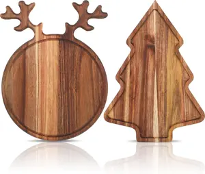 2 Pcs Christmas Charcuterie Boards Christmas Tree Wooden Cutting Board with Handle Antler Acacia Wood Cute Cutting Board for Cheese Fruit Bread Salad Vegetables Snack Dessert