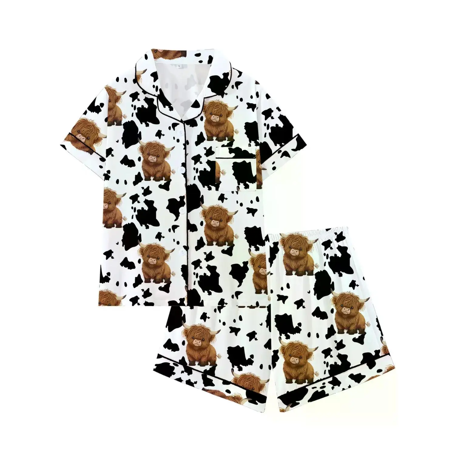 Charming Cow Pattern Sleepwear Set for Teen Girls - Comfortable All-Season Loungewear, Loose-Fit Pajamas with Short Sleeves