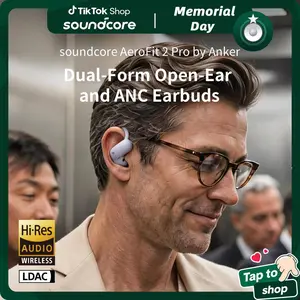 #tiktokshopmemorialday,Soundcore AeroFit 2 Pro by Anker, Open-Ear and Active Noise Cancellation Modes, Hi-Res Open Ear Headphones for Commute,Office,Fitness, LDAC, 4-Mic AI Clear Calls, 34H, IP55, Wireless Bluetooth Earbuds
