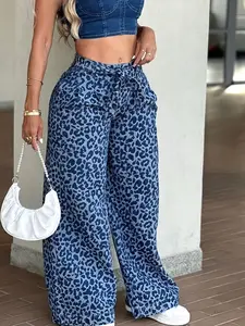 Women's Casual Elastic Waist Leopard Print Wide Leg Pants, All-Season Loose Fit, Comfortable and Stylish, Perfect for Daily Wear