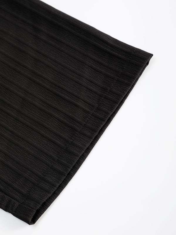 Men's All-Black Vertical Texture 2-Piece Casual Set - Long-Sleeve Button-Up Shirt + Elastic-Waist Pants, Lightweight Drapey Fabric, Relaxed Loose Fit, Minimalist Sophisticated Design, Perfect forOutdoor Brunch, Urban Office Commutes, Café Meetings & Casua