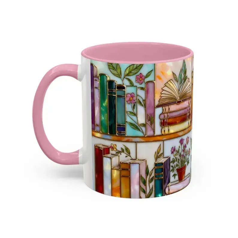 Stained-Glass Design 11oz Mug, Floral Bookshelf Mug, Book Lover Gift, Bookish Mug, Library Cup, 11oz Tea Cup, Large Ceramic Mug, Coffee Mug, Gift for Friends, Kitchen Drinkware, dealsforyou, summerwins, midyearsale, restock, dealsforyoudays