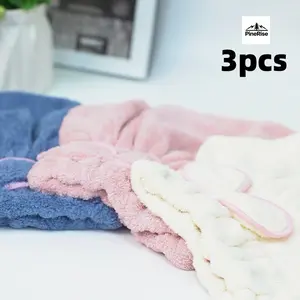 PineRise 3pc Thickened Shower Cap for Women Absorbent Coral Fleece Hair Drying Towel Cute Korean Long Hair Drying Cap Set