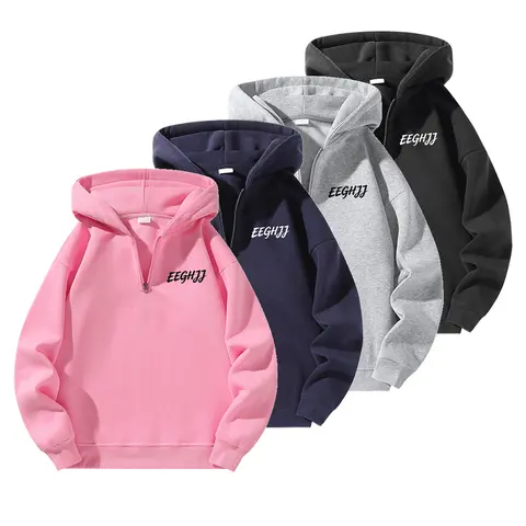 Couples’ half-zip hooded sweatshirt, regular fit, basic design, suitable for autumn and winter wear, ideal for everyday use.
