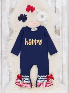 Navy & Red Stripes Happy New Year Ruffle Romper