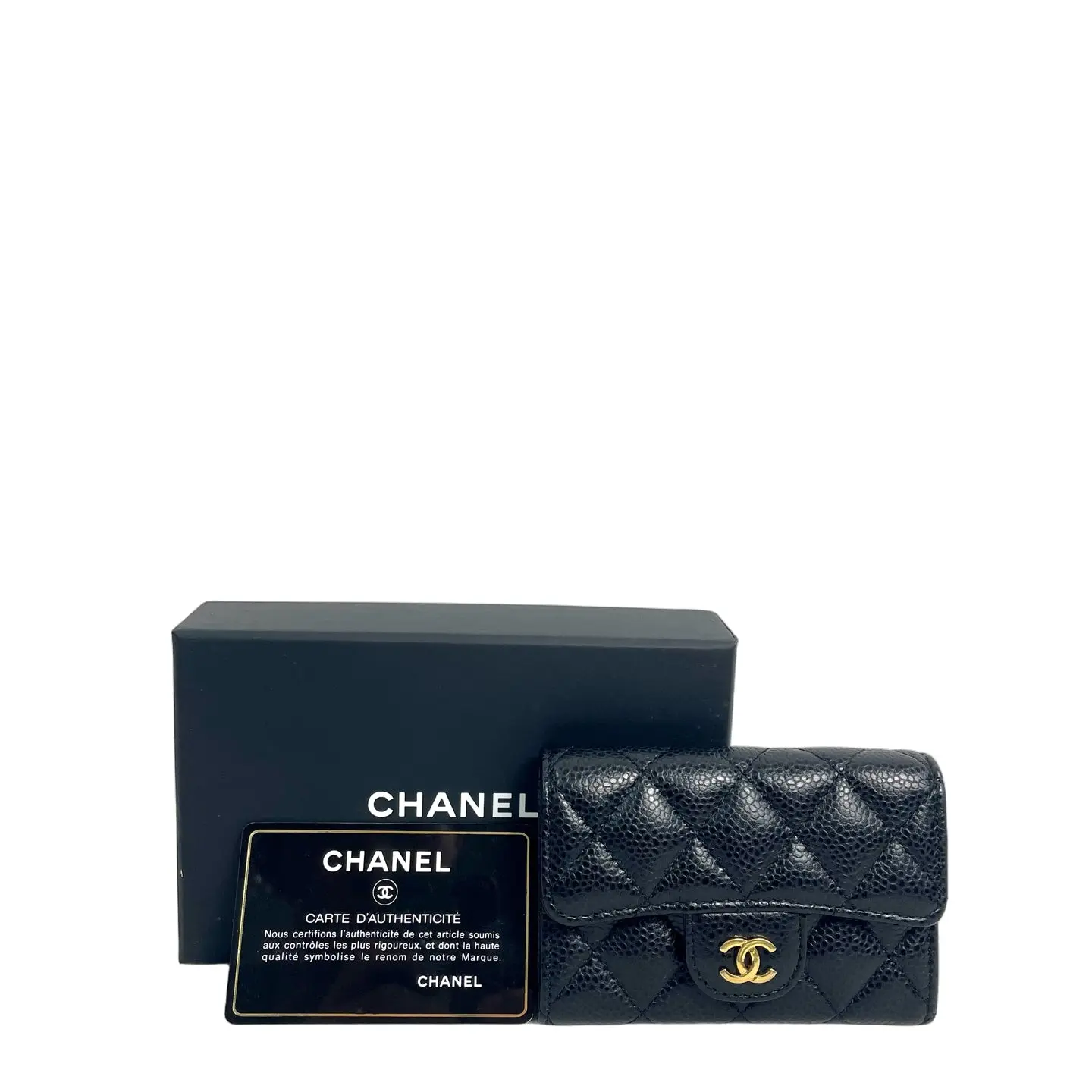 Pre-owned leather wallet Chanel Classic Flap Card Holder Black Grained Calfskin & Gold Hardware