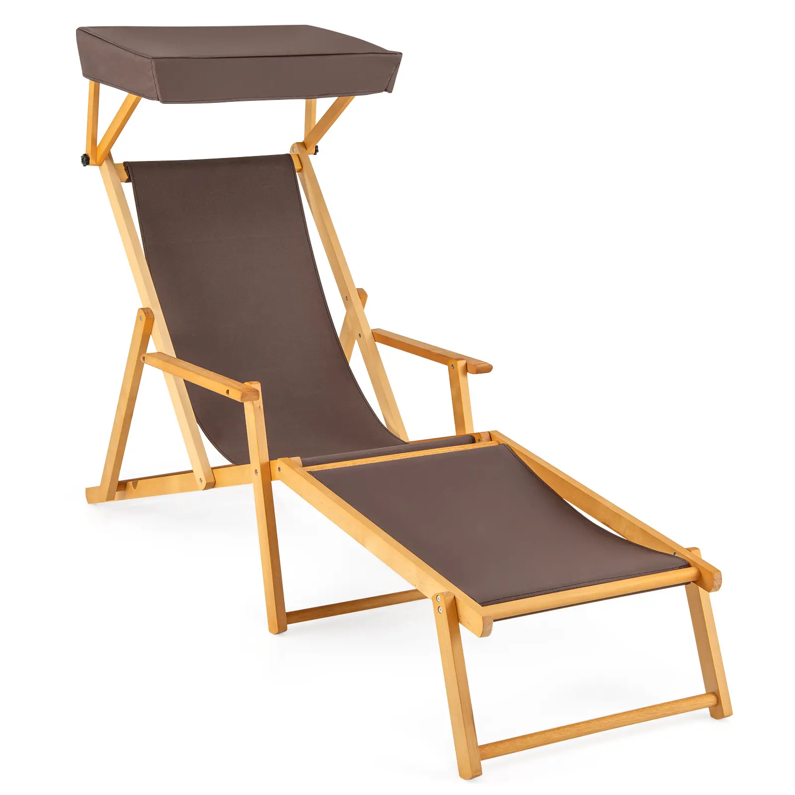 COSTWAY - Birch Wood Chaise Lounge Chair Foldable Beach Chair with Adjustable Canopy-Brown