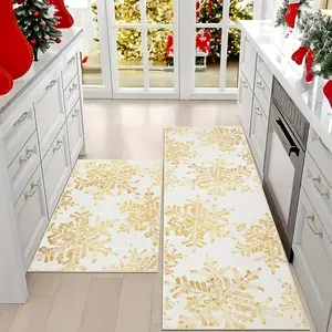 1PC Gold Snowflake Design Christmas Kitchen Rug, Soft Washable Non-Slip Entrance Mat, Holiday Gift Decor Carpet for Bathroom Bedroom Balcony Laundry Room
