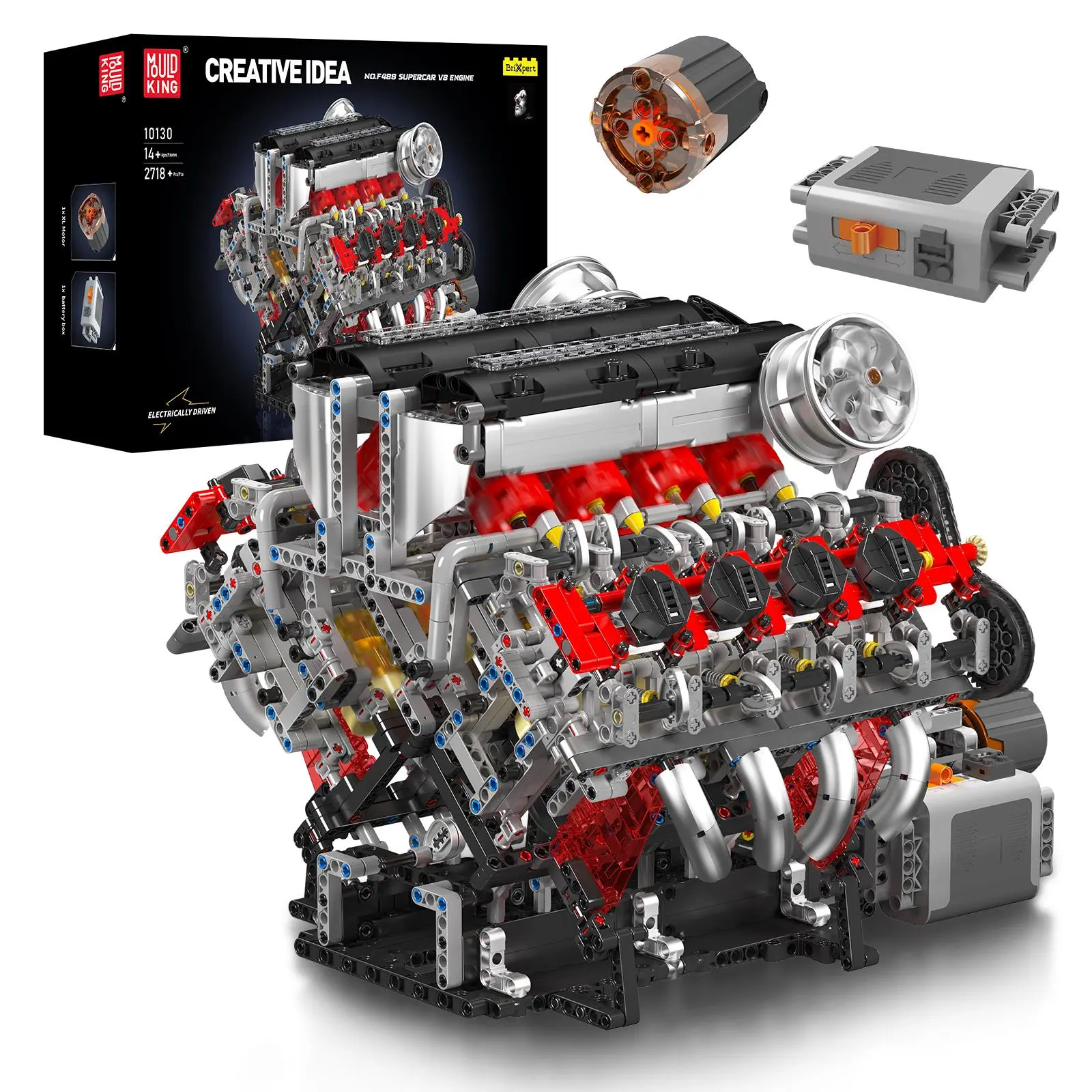 Mould King 10130 V8 V-Type 8-Cylinder Car Motor Assembly Blocks Set, Buildable Kit for F488, Creative Model Building Toy for Kids & Adults, 2718-Piece Collectible Hobby Kit, Buildable Blocks Kit