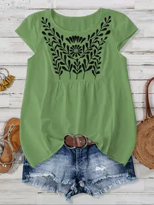 Women's Plus Size Floral Embroidered Round Neck Cap Sleeve Casual Vacation Top Shirt, Stylish Ladies' Fashion Blouse