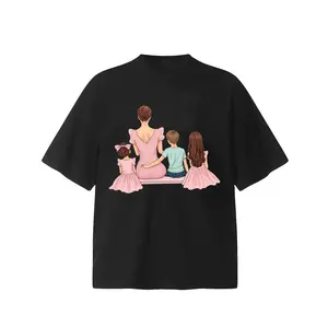 Women's Oversizes Black Graphic T-Shirt Mother and 3 Children Print Casual Short Sleeve Crew Neck Mom Life Tee Heartwarming Family Gift