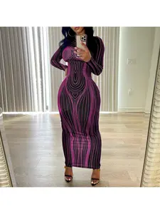 Sheik Apparell Women's 3D Geometric Print Long Sleeve Slim Fit Dress Purple & Black Bold Pattern round Neck H-Line Elegant Party Outfit for Fall/Winter