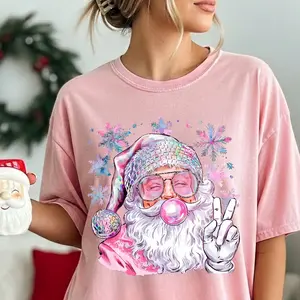 Iridescent Santa Christmas Shirt Trendy Graphic T-Shirt Comfort Colors Fast Shipping Fun Holiday Tee for Women Casual Cotton Top