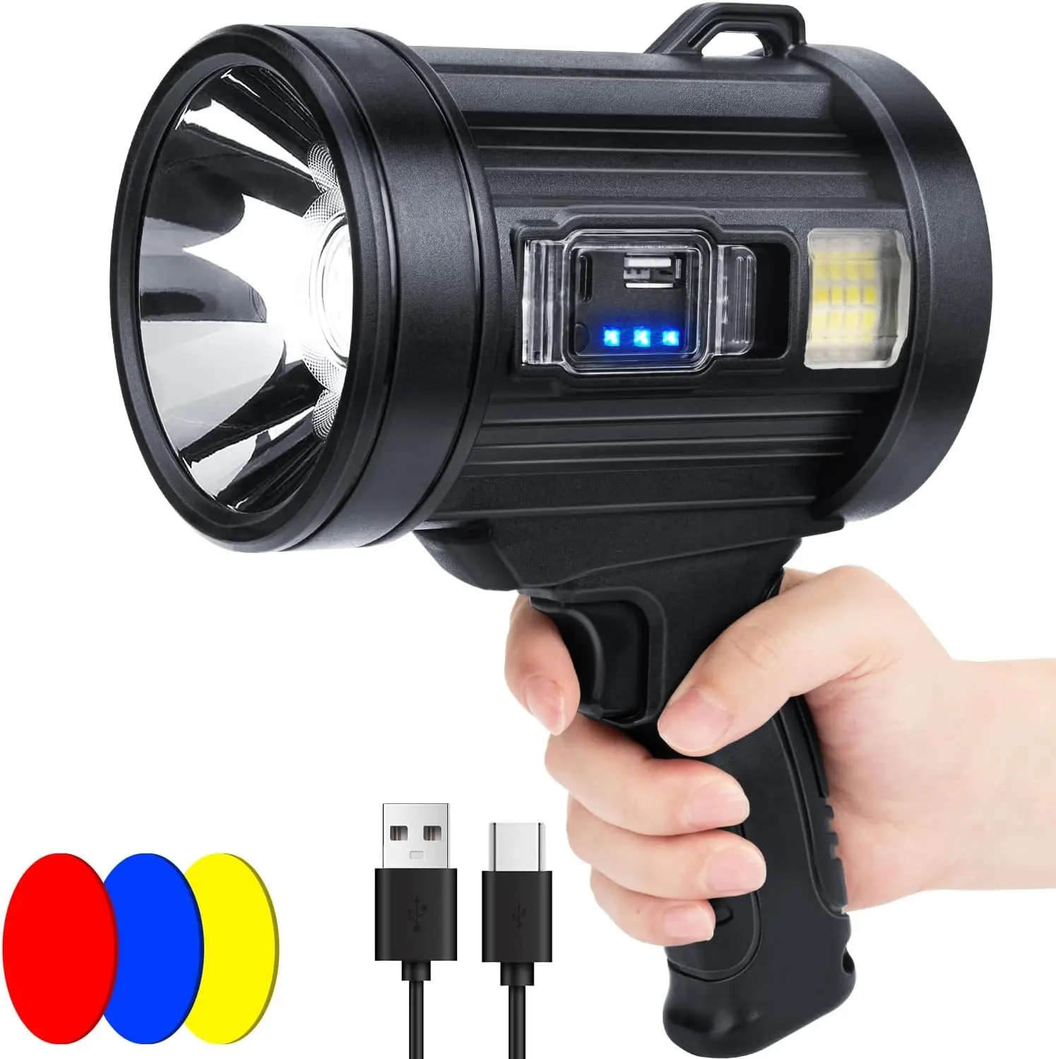 Brightest Rechargeable Spotlight with Solar Panels & 6 Modes, Rechargeable Spotlight Flashlight Outdoor, Powerful LED Spotlights Long Runtime, Large Handheld Spot Light for Boating Hunting