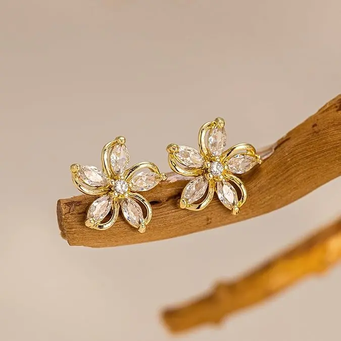 Women's 14K Metal Coating Floral 5-Petal CZ Stud Earrings, Sparkling Cubic Zirconia Dainty Elegant Gold Earrings for Bridal Daily Wear, Perfect Gift for Her