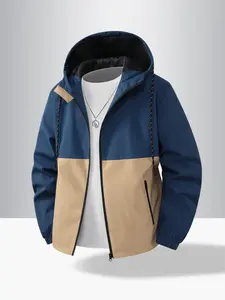 Men's Color Block Hooded Long Sleeve Jacket, Multi-Pocket Design, Polyester Fabric, Waterproof & Windproof, Casual Loose Fit Outdoor Outerwear Coats