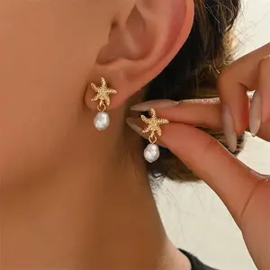Summer Starfish Imitation Pearl   Earrings for Women Fashion Metal Shell Earring Summer Day Beach Vacation Style Jewelry Gift