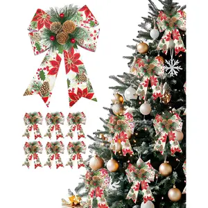 6 Pack Christmas Bows with Pine Cones and Berries, Red Flowers Pinecone Pattern Festive Tree Decorations - for Xmas Tree Ornaments, Wreaths, Gift Wrapping, Home Door Porch Holiday Decor