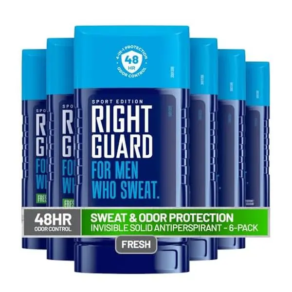 Right Guard Sport Fresh Scent Antiperspirant & Deodorant Invisible Solid - 4-in-1 Deodorant For Men, Blocks Sweat, 48-Hour Odor Protection, Quick-Drying, & Long-Lasting, 2.6 oz (6 Pack)