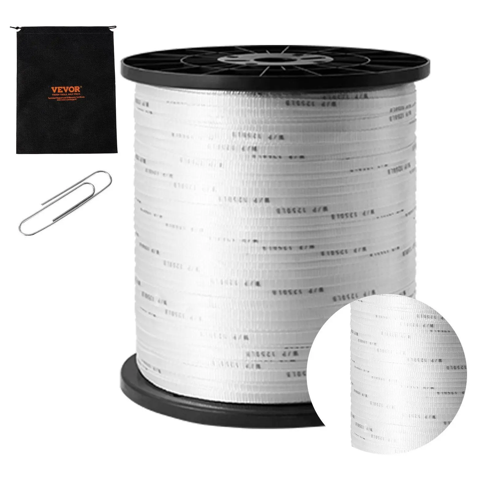 VEVOR Heavy Duty Polyester-Polypropylene Printed Webbing Pull Tape, 1/2" x 5249 ft 5% Extra-Long Spool, 1250 lbf Tensile Capacity, Smooth & Reliable for Hanging Hammocks, Electrical Conduit Work, White