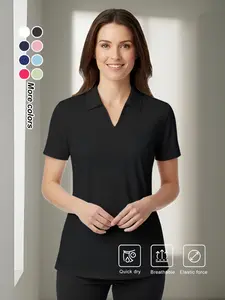 Women's V-Neck Polo T-Shirt, Solid Color Moisture Wicking Breathable Short Sleeve Casual Basic Top