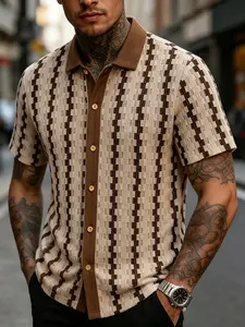 Men's Vintage Classic Plaid Knit Short Sleeve Shirt, Summer Versatile Breathable Casual Top, Comfortable and Stylish Men's Clothing