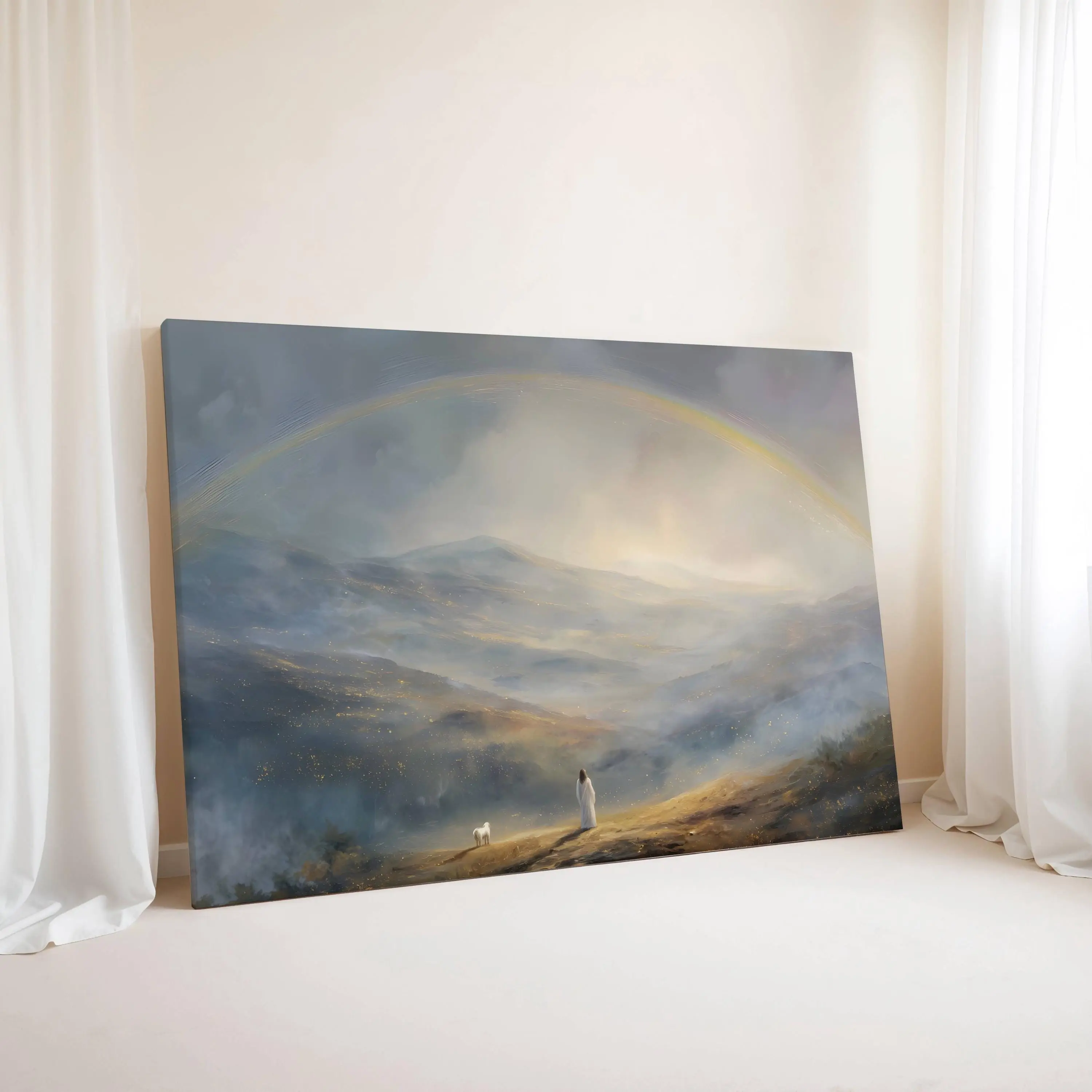 [Unframed] Jesus Left The 99 Canvas | Christian Art Rainbow Painting, Good Shepherd Modern Wall Art