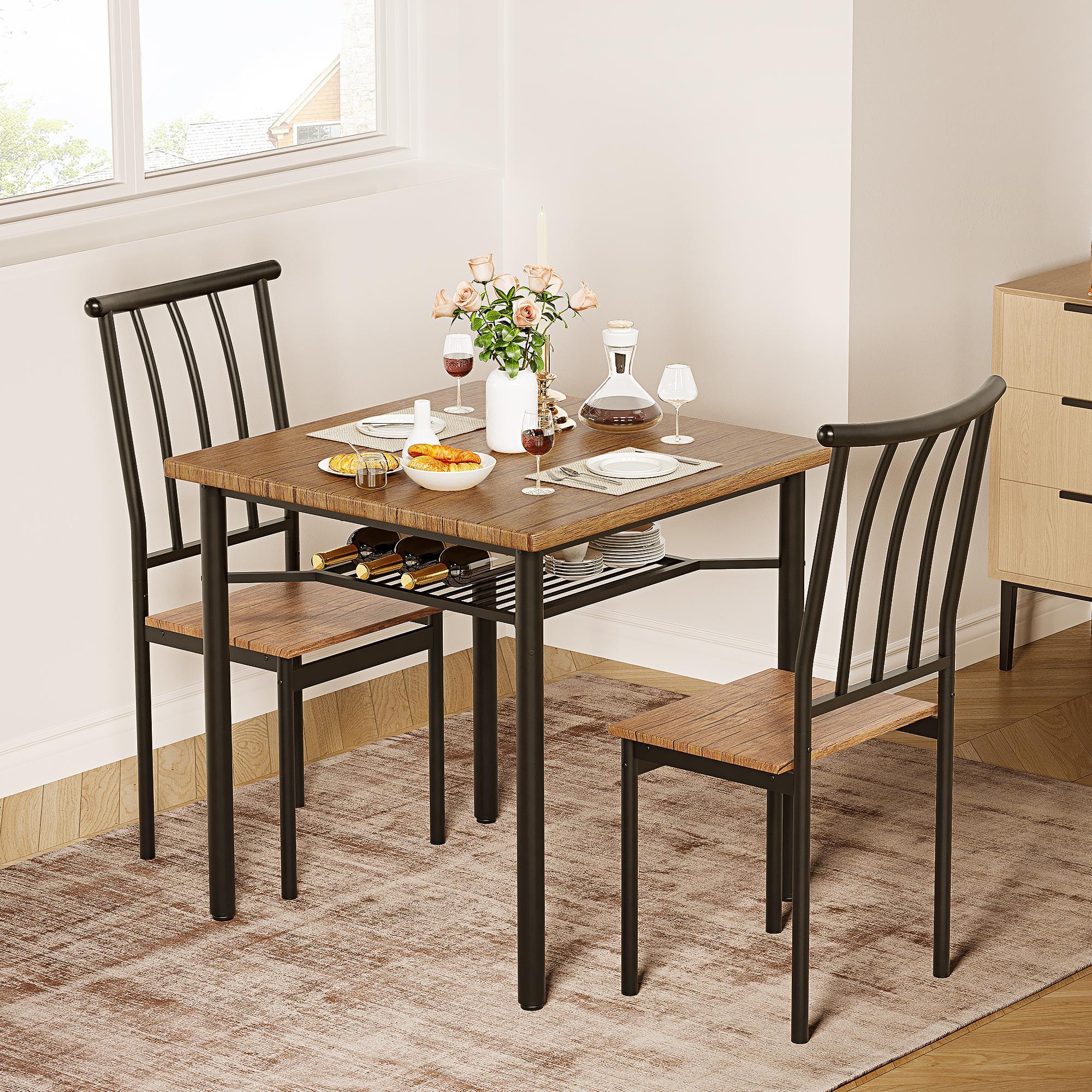 Space-Saving 3-Piece Dining Table Set for 2, Compact Kitchen Table & 2 Chairs with Storage Shelf, Non-Toxic Smooth MDF Tabletop, Rustic Brown Small Bistro Furniture for Apartments & Small Spaces