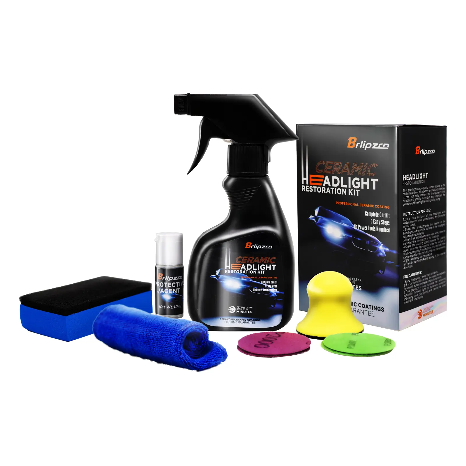 Bripzco Ceramic Headlight Restoration Kit for Cars - Automotive Paint Care & Maintenance Set with Spray, Sponge, Towel, Ceramic Coat for Brighter Headlights, Paint Renewal
