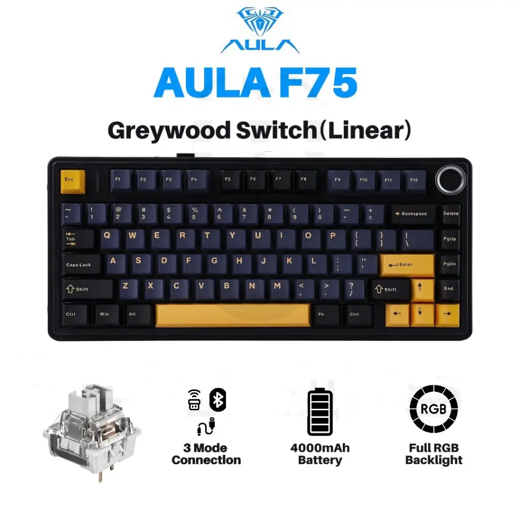 AULA F75 Gaming PC Keyboard - E-sports Mechanical, RGB Customizable, 75% Layout, Side-Engraved, Gasket-Type Reaper Switch, Gradual Gray 80-Key PBT Gradual Keycaps, Tactile Compact, USB Powered, Windows Compatible, Custom Keyboard Setup, Back to School