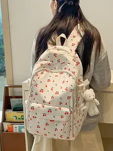 Fashion Floral Print Backpack for Women, Multi-Layer Design with Pockets, Durable Student Bag with Teddy Bear Charm, Large Capacity