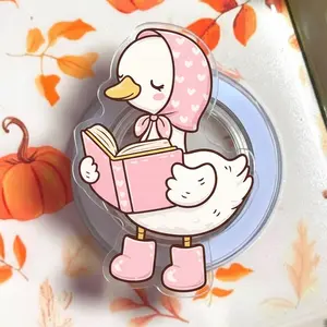 Adorable Goose Reading Book Magsafe Phone Grip – Pink Aesthetic Magnetic Pop Socket Stand – Gift for Book Lovers