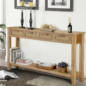 PieDle Furniture Farmhouse Console Table with Rattan Drawers,Narrow Boho Foyer Sofa Tables with Open Storage Shelves for Entryway, Hallway, Living Room, Natural