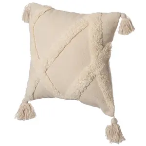 360 stand 16" Square 100% Cotton Handwoven Artisan Throw Pillow Cover, White Tufted Large Lattice Pattern, Tassel Corners, Bohemian Look, Rustic Touch