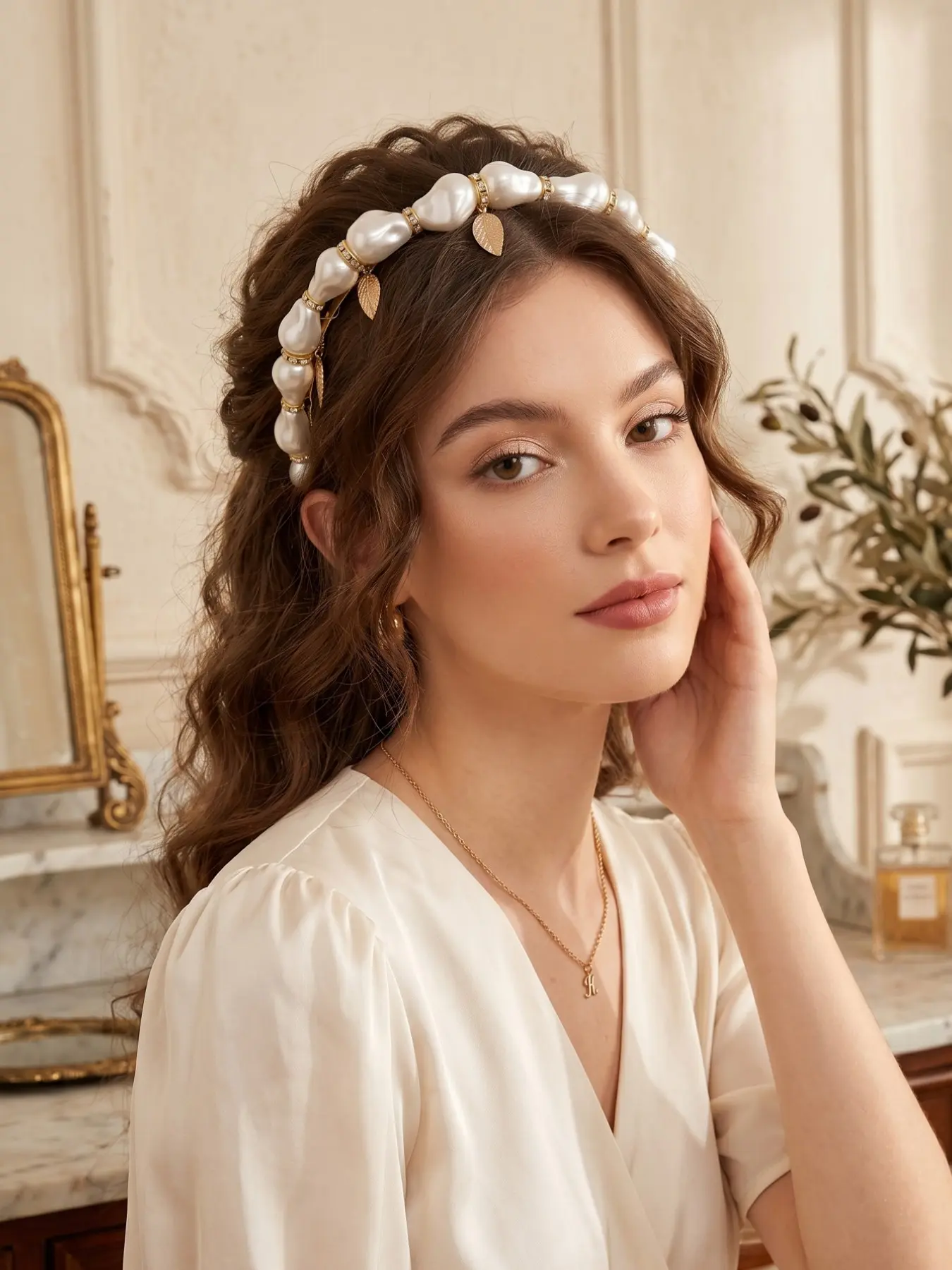 Greek Goddess Style Baroque Artificial Pearl Headband, Handmade Gold Leaf Fairy Hair Accessory, Elegant Forest Party Wedding Decor