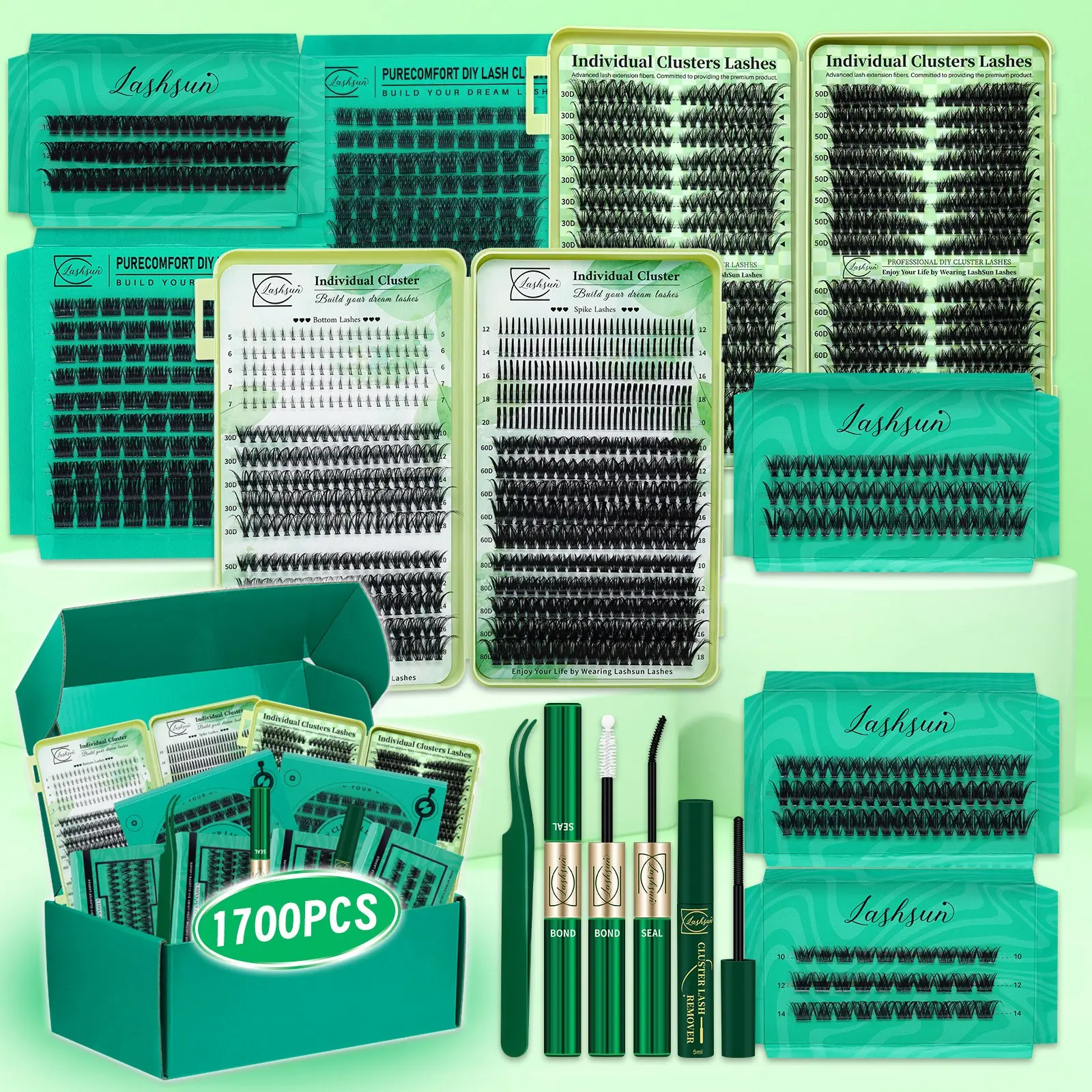 Lashsun 1700PCS D Curl 13 Styles EyeLash Clusters Kit, Spiky/Cat/Wispy/Volume DIY Individual Clusters Lash, Kit with Bond&Seal Remover Tweezers, Perfect for Beginners & Proficient, DIY at Home, Eyelash Extensions, DIY Volume Eyelashes