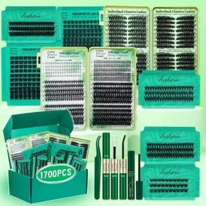 Lashsun 1700PCS D Curl 13 Styles EyeLash Clusters Kit, Bottom/Spiky/Cat/Wispy/Volume DIY Individual Clusters Lash, Kit with Bond&Seal Remover Tweezers, Perfect for Beginners & Proficient, DIY at Home Easily